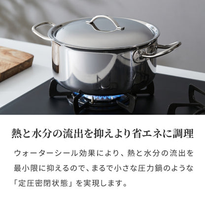 日本製 燕三条 ステンレス3層 両手鍋 20cm IH対応 蓋付き 全面鏡面仕上げ ガス火OK アルミクラッド 三層鋼 鍋 フッ素不使用 SUS304 ステンレス製 フライパン シモリュウ プラジュール
