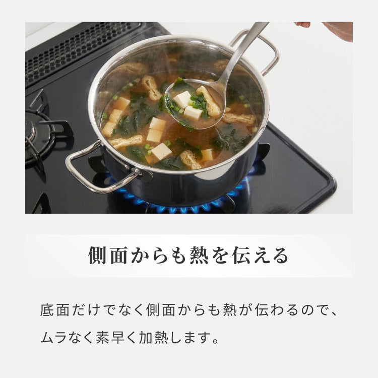 日本製 燕三条 ステンレス3層 両手鍋 22cm IH対応 蓋付き 全面鏡面仕上げ ガス火OK アルミクラッド 三層鋼 鍋 フッ素不使用 SUS304 ステンレス製 フライパン シモリュウ プラジュール