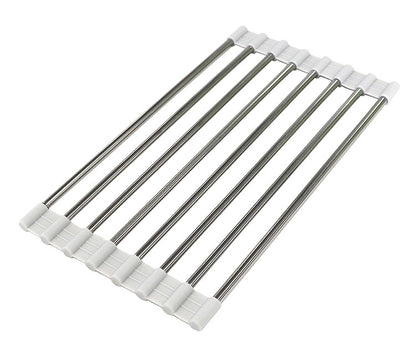 水切りラック シンク上 スリム 幅16cm 伸縮 27.5~45cm ステンレス シリコン 折りたたみ シンク横 大容量 コンパクト くるくるスッキリラック 錆びない 食器 プレート 伸縮式 巻ける 省スペース(代引不可)