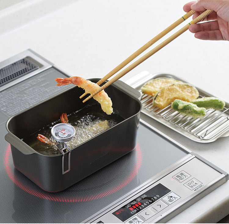 角型 天ぷら鍋 四角鍋 蓋付 食彩亭 TP-16 アミ 温度計 付 セット タマハシ 天ぷら 鍋 天麩羅 テンプラ フタ 兼 バット てんぷら鍋 長方形 油 節約 四角形 四角