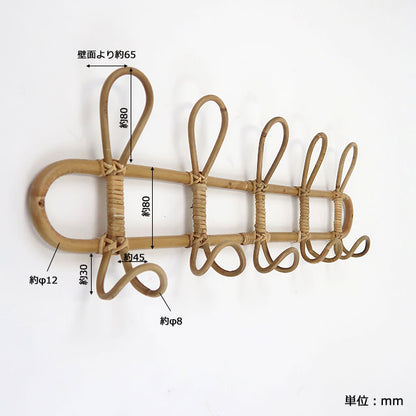 ラタン 天然籐 壁掛けフック ウォールハンガー 5連 幅64.5cm ウォールフック ヴィンテージ 天然素材 高さ20cm