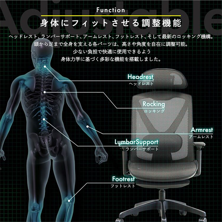 フットレスト付き オフィスチェア エラストマーメッシュ採用 ヘッドレスト付き ベーシックモデル リクライニング デスクチェア パソコンチェア ロッキング(代引不可)