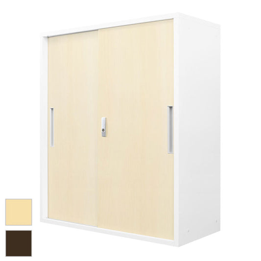 引戸書庫 木目 システム収納庫 スチール書庫 引違い キャビネット 木目扉 おしゃれ 収納 棚 シェルフ A4 幅900×奥行400×高さ1050mm FH-H-C 書類庫 オフィス収納 大容量(代引不可)