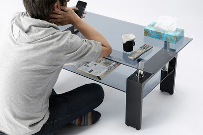 ガラスセンターテーブル クリアブラック センターテーブル 幅90×奥行き50cm ガラステーブル リビングテーブル 角型 ローテーブル(代引不可)