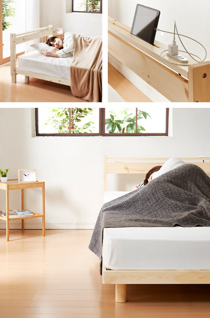 スマホホルダー付き すのこベッド ダブル コンセント 天然木 高さ調整 棚付き 宮付き フレームのみ 北欧 シンプル ナチュラル 宮付きすのこベッド ベッド ベッドフレーム パイン無垢材 パイン材