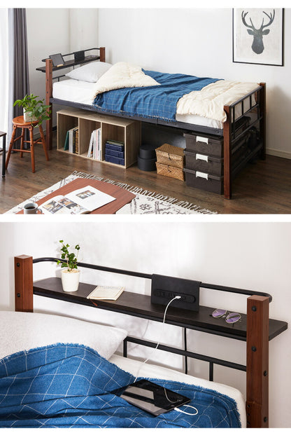 高さ3段階調整 ミドルベッド シングル 宮付き コンセント付き 通気性抜群 収納力 パイプベッド ベッドフレーム単品 ベッド