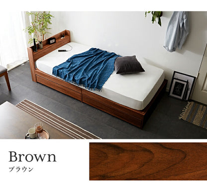 棚・コンセント付き 収納ベッド セミダブル ポケットコイルマットレス付き 宮付き 棚付き 引出し付き ベット 収納 北欧 木製(代引不可)