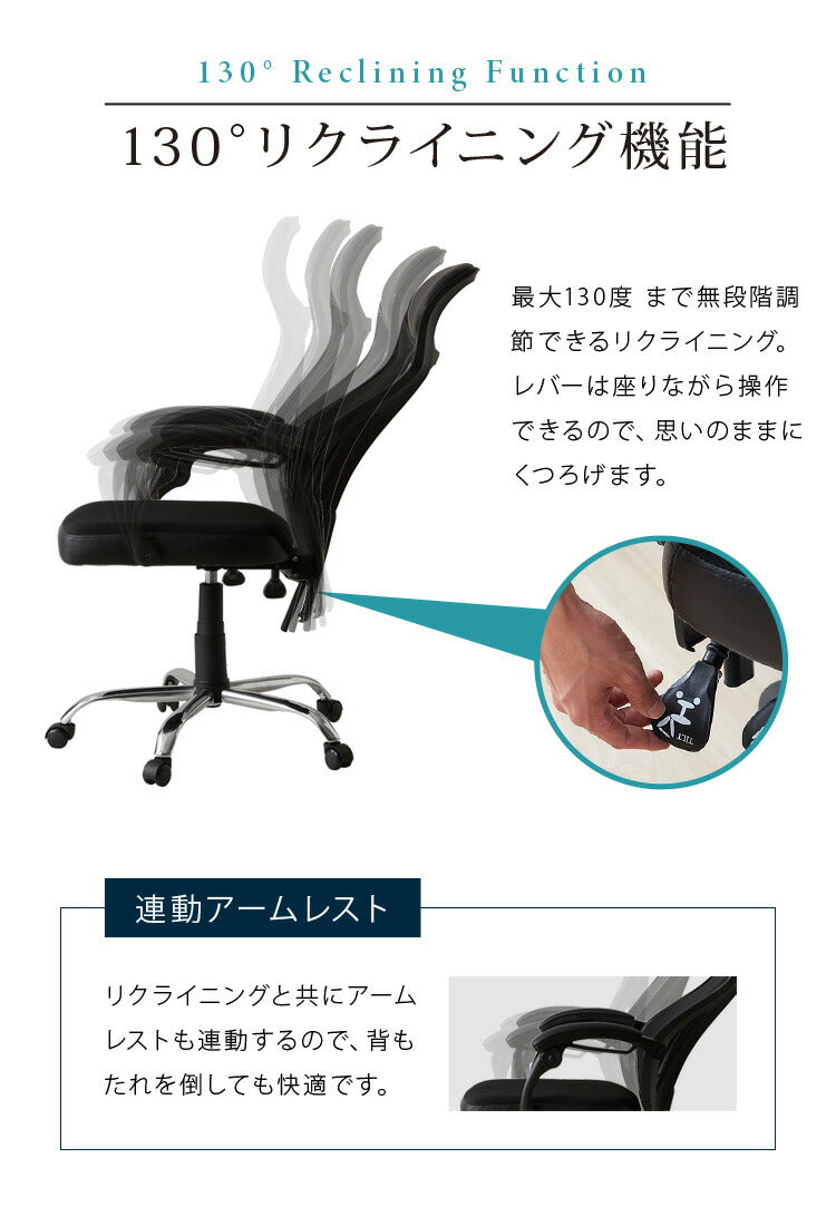 130度リクライニング可能 オフィスチェア ランバーサポート付き ハイバックチェア デスクチェア メッシュバック リクライニングチェア 肘付き 在宅勤務 テレワーク