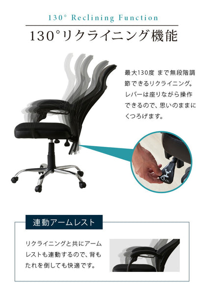 130度リクライニング可能 オフィスチェア ランバーサポート付き ハイバックチェア デスクチェア メッシュバック リクライニングチェア 肘付き 在宅勤務 テレワーク