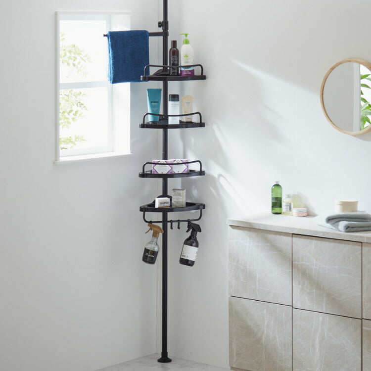 突っ張り コーナーラック お風呂ラックスタンド 4段 タオルハンガー付き つっぱり 浴室 お風呂 190~240cm つっぱり棒 バスラック シャンプーラック お風呂 つっぱり棚