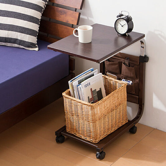 昇降式サイドテーブル コンパクト 幅36cm 奥行52cm 高さ63-80cm 木製 昇降式 高さ調節 キャスター付 ポケット付 シンプル ベッドテーブル ナイトテーブル 伸縮式テーブル 作業用 ベッドサイド 収納付き