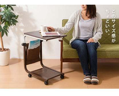 昇降式サイドテーブル コンパクト 幅36cm 奥行52cm 高さ63-80cm 木製 昇降式 高さ調節 キャスター付 ポケット付 シンプル ベッドテーブル ナイトテーブル 伸縮式テーブル 作業用 ベッドサイド 収納付き