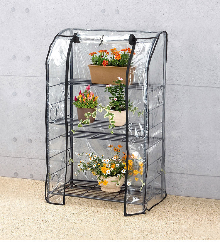 ガーデンラック カバー付き 115 3段 棚板自由自在 プランタースタンド 組み立て簡単 工具不要 ビニール温室棚 3段ラック ビニールハウス フラワーラック ガーデンハウス フラワーハウス ラック
