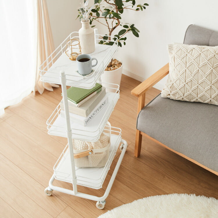 エレガントキッチンワゴン 3段 キャスター付き 高さ調整 幅48cm 大理石調 スチールワゴン ワゴン ラック キッチンラック すき間収納 キャスター スチール すきま 隙間 コンパクト 収納ワゴン