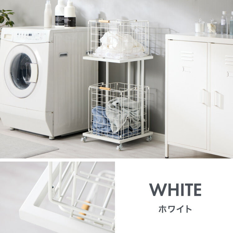 ランドリーバスケット 2段 木取っ手 角型 ランドリーワゴン 洗濯かご キャスター付き スリム スクエアタイプ ランドリーラック ランドリーボックス ワイヤーバスケット バスケット ランドリー収納