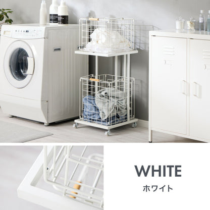 ランドリーバスケット 2段 木取っ手 角型 ランドリーワゴン 洗濯かご キャスター付き スリム スクエアタイプ ランドリーラック ランドリーボックス ワイヤーバスケット バスケット ランドリー収納