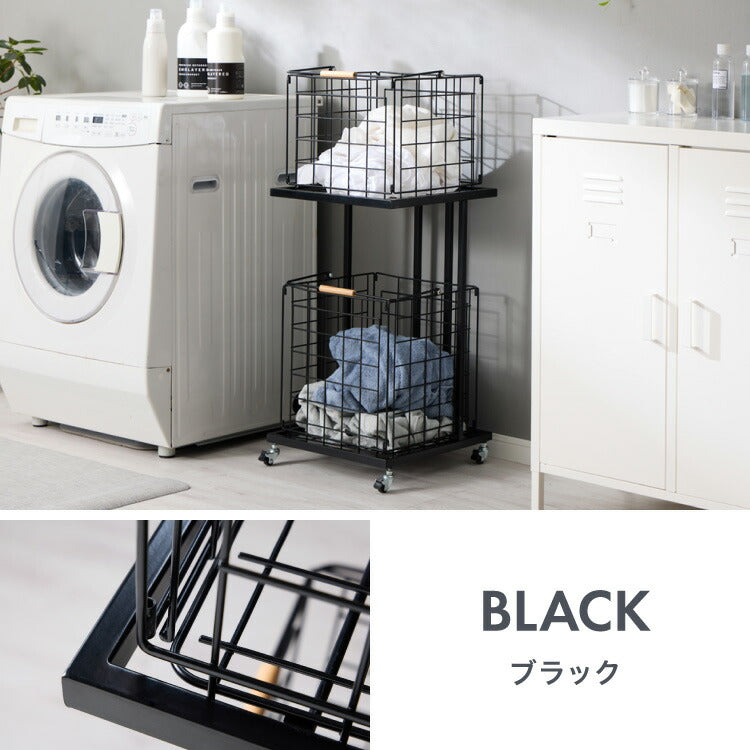 ランドリーバスケット 2段 木取っ手 角型 ランドリーワゴン 洗濯かご キャスター付き スリム スクエアタイプ ランドリーラック ランドリーボックス ワイヤーバスケット バスケット ランドリー収納