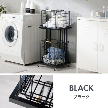 ランドリーバスケット 2段 木取っ手 角型 ランドリーワゴン 洗濯かご キャスター付き スリム スクエアタイプ ランドリーラック ランドリーボックス ワイヤーバスケット バスケット ランドリー収納