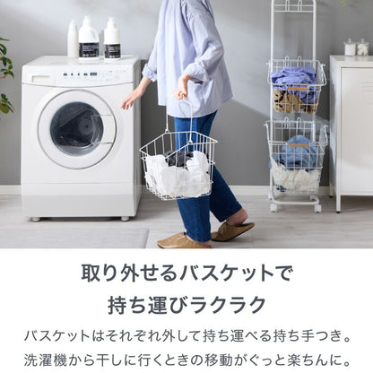 ランドリーバスケット 2段 木取っ手 角型 ランドリーワゴン 洗濯かご キャスター付き スリム スクエアタイプ ランドリーラック ランドリーボックス ワイヤーバスケット バスケット ランドリー収納