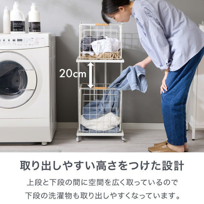 ランドリーバスケット 2段 木取っ手 角型 ランドリーワゴン 洗濯かご キャスター付き スリム スクエアタイプ ランドリーラック ランドリーボックス ワイヤーバスケット バスケット ランドリー収納