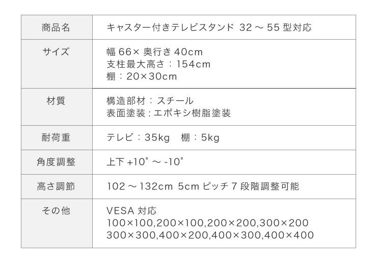 キャスター付き テレビスタンド 32~55型対応 高さ調整可能 壁寄せ テレビスタンド テレビ台 壁寄せテレビスタンド テレビ会議
