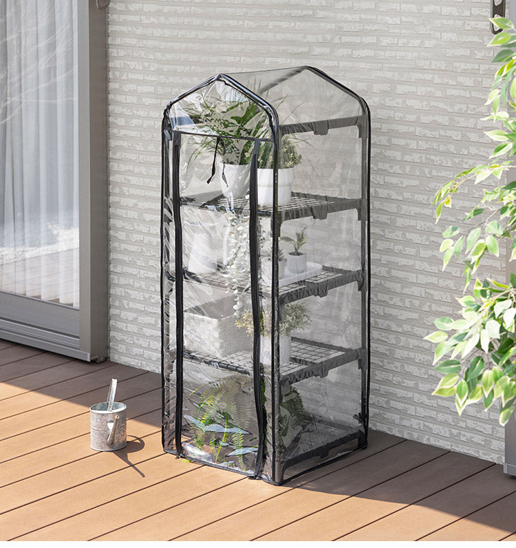 ビニール温室 4段 スリム ブラック 組み立て簡単 工具不要 ビニール温室棚 4段ラック スリムタイプ ビニールハウス フラワーラック ガーデンハウス フラワーハウス ラック ベランダ 家庭用