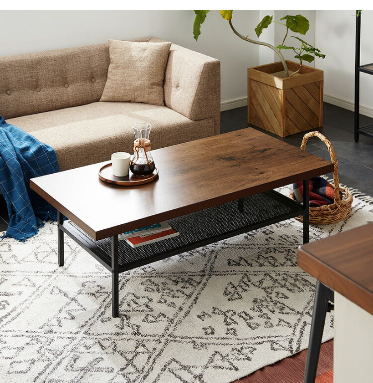 ローテーブル 幅120cm 長方形 収納棚 木目 アイアン ブラウン おしゃれ シンプル ヴィンテージ調 一人暮らし リビング センターテーブル テーブル リビングテーブル コーヒーテーブル 収納