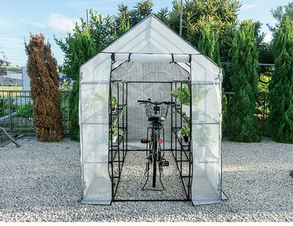 ビニール温室 大型 ラック付き 6段 214cm ブラック 組み立て簡単 工具不要 ビニールハウス サイクルハウス 自転車収納 フラワーラック ガーデンハウス フラワーハウス ラック ベランダ 家庭用