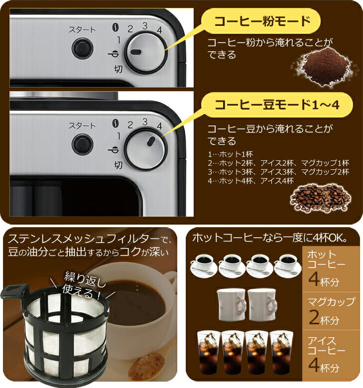 siroca シロカ crossline 全自動コーヒーメーカー SC-A221SS シルバー ステンレスメッシュフィルター コーヒー豆 粉 保温機能付き