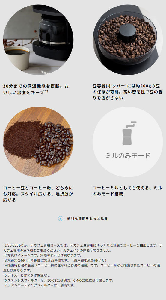 siroca コーン式全自動コーヒーメーカー カフェばこPRO コーヒーメーカー コーン式 ミル付き 保温 ガラス容器 ペーパーフィルター ステンレスフィルター タイマー付 タイマー シロカ 全自動 CM-6C261K
