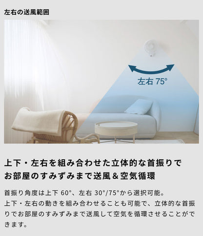 DC壁掛け扇風機 壁掛けふわビューン 上下左右自動首振り 風量調節8段階 静音 空気循環 衣類乾燥 サーキュレーター タイマー 温度表示 自動オフ リモコン収納 リズム風 真下 siroca