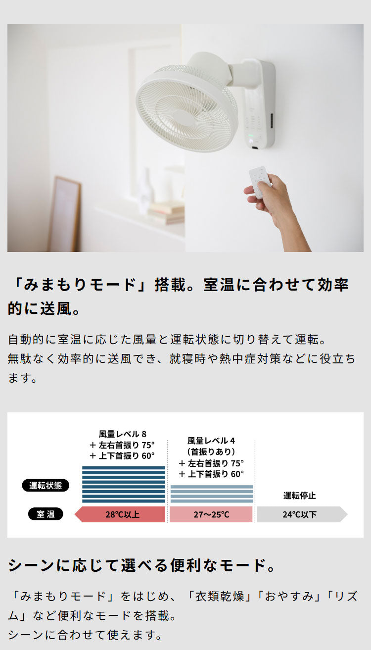 DC壁掛け扇風機 壁掛けふわビューン 上下左右自動首振り 風量調節8段階 静音 空気循環 衣類乾燥 サーキュレーター タイマー 温度表示 自動オフ リモコン収納 リズム風 真下 siroca