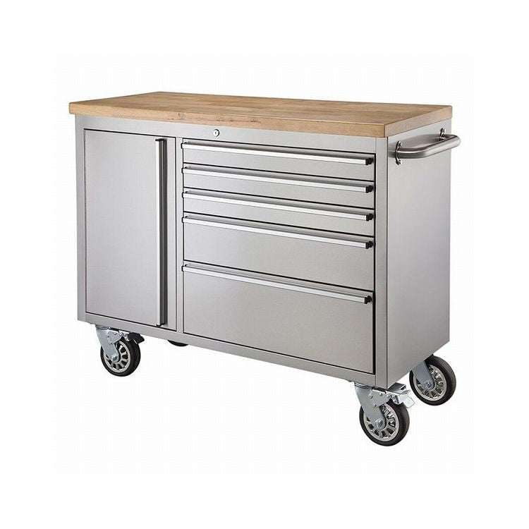 ツールキャビネット シルバー 幅137cm ステンレス 収納家具 天然木 ラバーウッド インテリア 家具 シンプル 新生活 2人掛けカウンター 移動式 おしゃれ 作業台 ツールワゴン(代引不可)