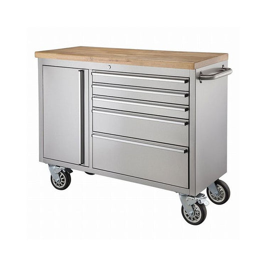 ツールキャビネット シルバー 幅137cm ステンレス 収納家具 天然木 ラバーウッド インテリア 家具 シンプル 新生活 2人掛けカウンター 移動式 おしゃれ 作業台 ツールワゴン(代引不可)