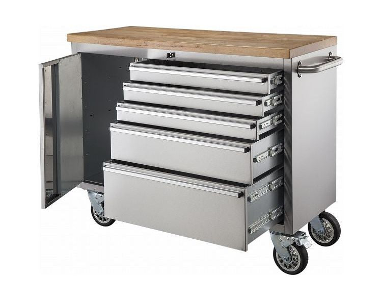 ツールキャビネット シルバー 幅137cm ステンレス 収納家具 天然木 ラバーウッド インテリア 家具 シンプル 新生活 2人掛けカウンター 移動式 おしゃれ 作業台 ツールワゴン(代引不可)