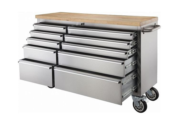 ツールキャビネット シルバー 幅157cm ステンレス 収納家具 天然木 ラバーウッド インテリア 家具 シンプル 新生活 2人掛けカウンター 移動式 おしゃれ 作業台 ツールワゴン(代引不可)