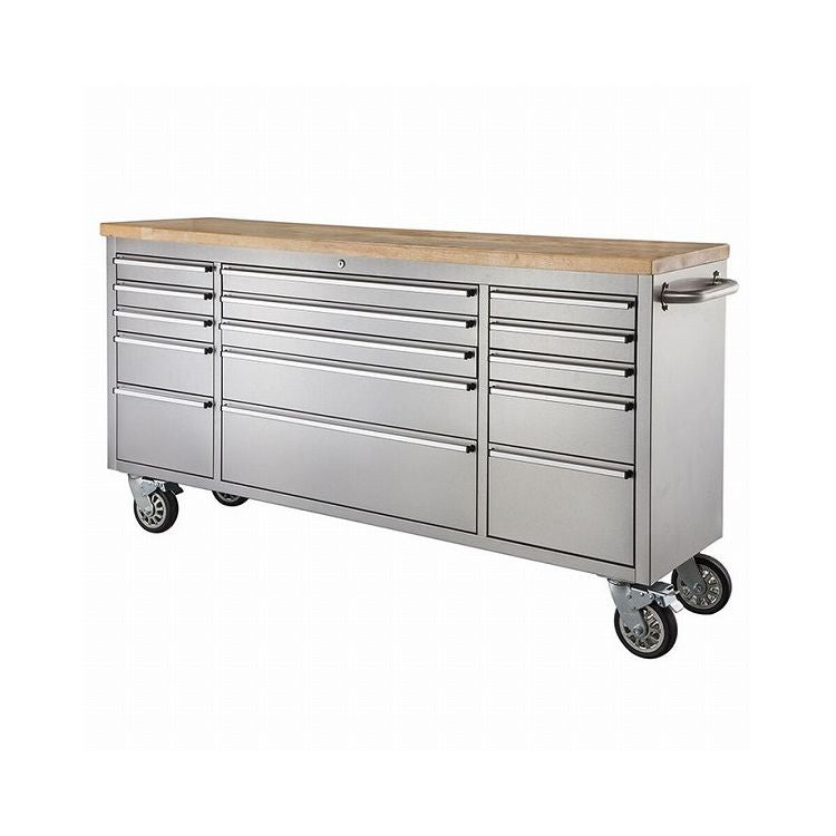 ツールキャビネット シルバー 幅199cm ステンレス 収納家具 天然木 ラバーウッド インテリア 家具 シンプル 新生活 2人掛けカウンター 移動式 おしゃれ 作業台 ツールワゴン(代引不可)