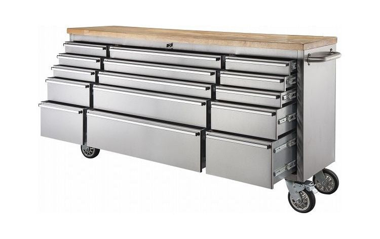 ツールキャビネット シルバー 幅199cm ステンレス 収納家具 天然木 ラバーウッド インテリア 家具 シンプル 新生活 2人掛けカウンター 移動式 おしゃれ 作業台 ツールワゴン(代引不可)