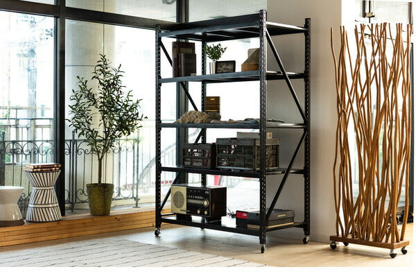 オープンラック ボルトレスラック 5段 幅129cm 奥行60cm キャスター付き スチールラック 収納棚 無骨 無骨 おしゃれ ヴィンテージ 本棚 シェルフ キャビネット スチール棚 レンジラック(代引不可)