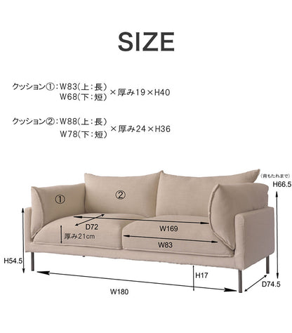 ソファ ソファー 横幅193cm スチール 布地 ファブリック 脚付き クッション付 モダン シンプル ナチュラル おしゃれ カバーリング グレー アイボリー(代引不可)