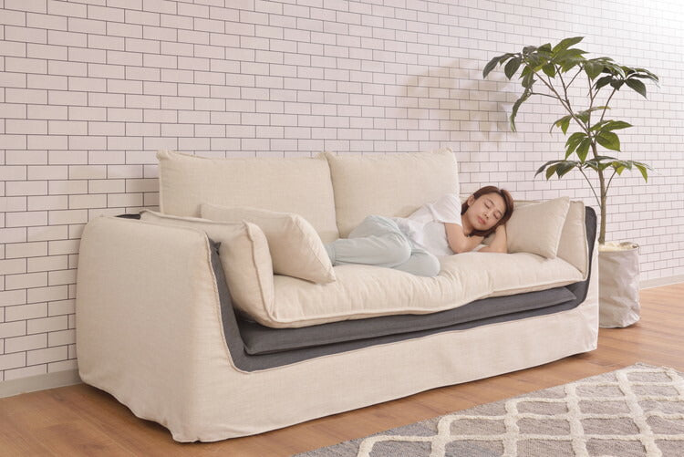 ソファ ソファー 横幅211cm 広め 布地 ファブリック ダブルクッション仕様 モダン シンプル ベーシック ナチュラル おしゃれ カバーリング アイボリー(代引不可)