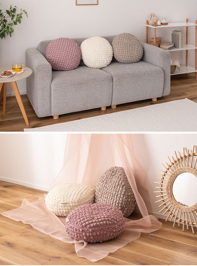 接触冷感 ポップコーン生地 アイボリー 白 白色 クッション かわいい おしゃれ 韓国インテリア 北欧風 北欧 もちもち 夏 ひんやり ニュアンスカラー くすみカラー ラウンド 丸型 丸 円形 直径38cm(代引不可)