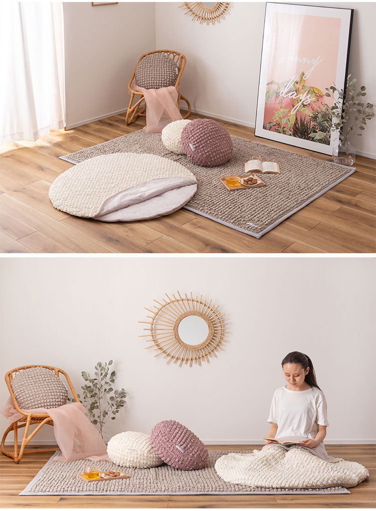 接触冷感 ポップコーン生地 アイボリー 白 白色 クッション かわいい おしゃれ 韓国インテリア 北欧風 北欧 もちもち 夏 ひんやり ニュアンスカラー くすみカラー ラウンド 丸型 丸 円形 直径38cm(代引不可)