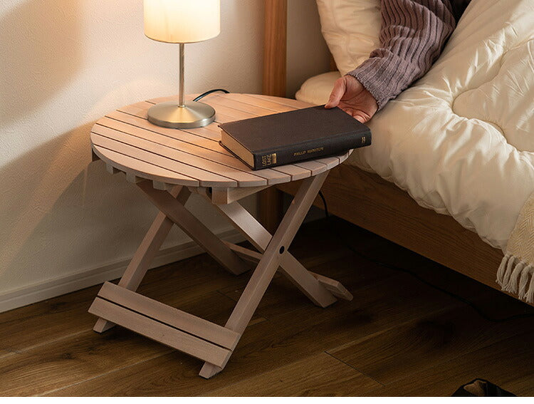 フォールディングテーブル 直径45cm テーブル 折り畳み 折りたたみ 簡易テーブル スリム 収納 アウトドア お洒落 ナチュラル ホワイト 持ち運び Sサイズ サイドテーブル ベッドサイド(代引不可)