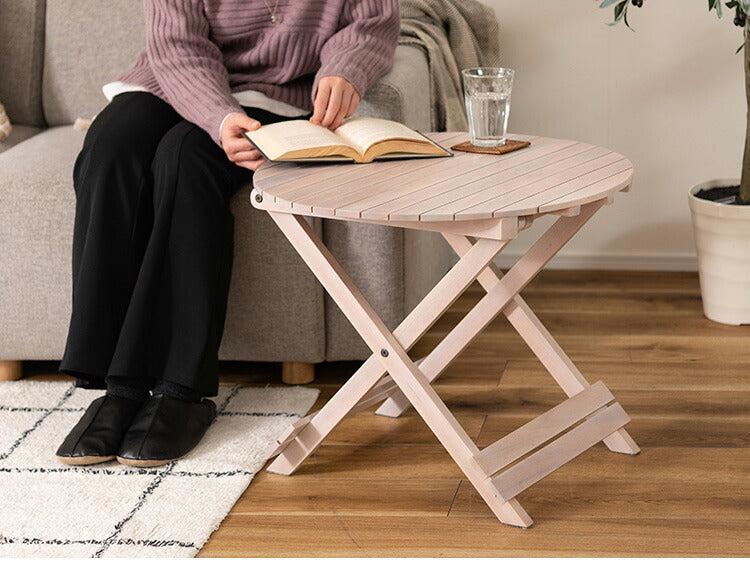 フォールディングテーブル 直径60cm テーブル 折り畳み 折りたたみ 簡易テーブル スリム 収納 アウトドア お洒落 ナチュラル ホワイト 持ち運び Lサイズ サイドテーブル ベッドサイド(代引不可)