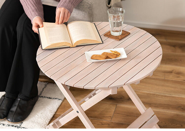 フォールディングテーブル 直径60cm テーブル 折り畳み 折りたたみ 簡易テーブル スリム 収納 アウトドア お洒落 ナチュラル ホワイト 持ち運び Lサイズ サイドテーブル ベッドサイド(代引不可)