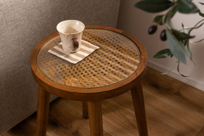 ラウンドガラステーブルS サイドテーブル テーブル ガラステーブル おしゃれ モダン シンプル ラタン 籐 リゾート アジアン ソファ 座椅子 ベッド コンパクト 木製 天然木 ガラス 軽い 軽量(代引不可)