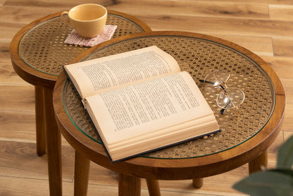 ラウンドガラステーブルS サイドテーブル テーブル ガラステーブル おしゃれ モダン シンプル ラタン 籐 リゾート アジアン ソファ 座椅子 ベッド コンパクト 木製 天然木 ガラス 軽い 軽量(代引不可)