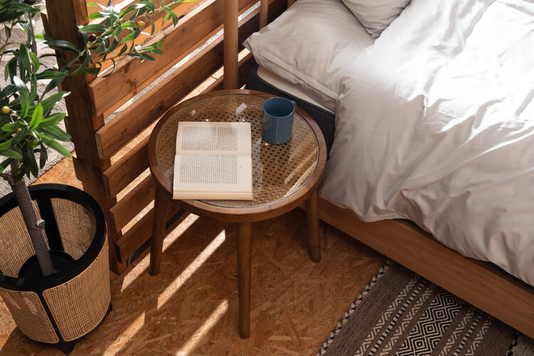 ラウンドガラステーブルM サイドテーブル テーブル ガラステーブル おしゃれ モダン シンプル ラタン 籐 リゾート アジアン ソファ 座椅子 ベッド コンパクト 木製 天然木 ガラス 軽い 軽量(代引不可)