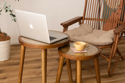 ラウンドガラステーブルM サイドテーブル テーブル ガラステーブル おしゃれ モダン シンプル ラタン 籐 リゾート アジアン ソファ 座椅子 ベッド コンパクト 木製 天然木 ガラス 軽い 軽量(代引不可)